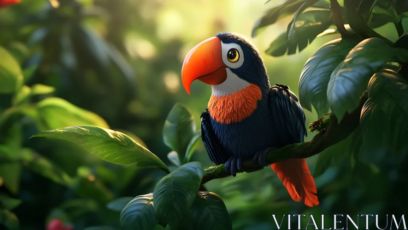 Cheerful cartoon toucan perched on lush jungle branch at sunrise.