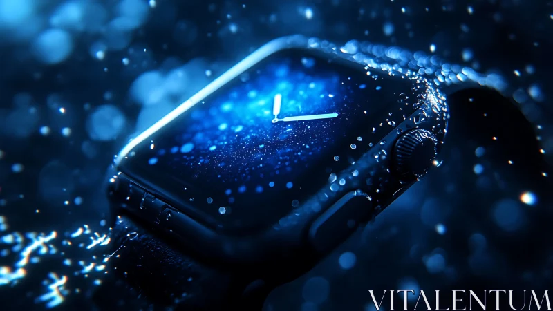 Smartwatch display is shown under water droplets in blue light