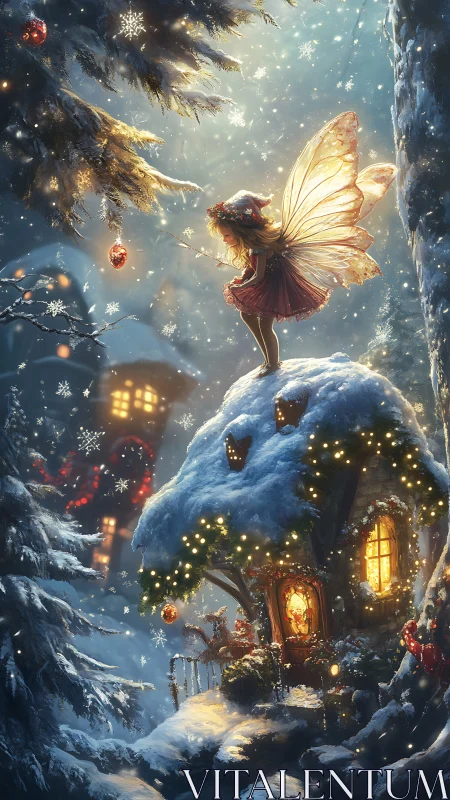 Snowlit roof fairy guarding a twinkling winter cottage.