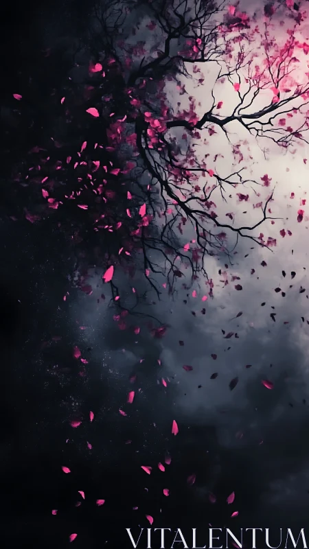 Midnight blossom tree shedding vivid petals into void.