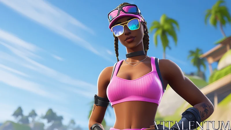 Stylized athletic gamer avatar in neon pink beachwear stance