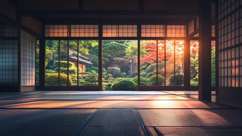 Sunlit tatami hall opening onto a glowing maple garden.