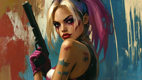 Digital painting portrait of armed punk antiheroine profile.