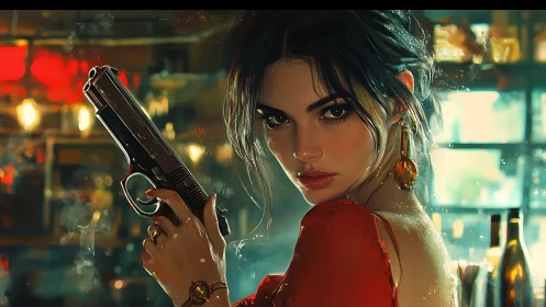 Noir lounge gunslinger in cinematic bokeh bar interior