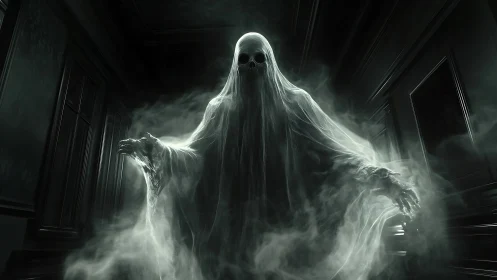 Spectral wraith emerging in smoky haunted corridor scene.