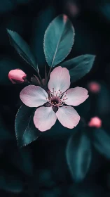Delicate Pink Blossom Unfolds in Dark Teal Garden Setting