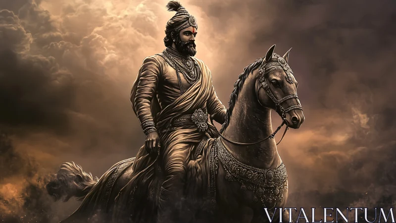 Heroic armored rider on warhorse against turbulent dusk sky