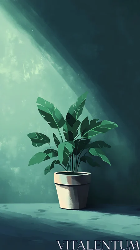 Potted indoor plant under angled key light with stylized shading