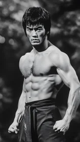 Martial artist stands poised in stark black and white light