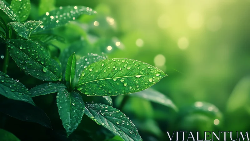 Morning dew sparkling over luminous green garden leaves.