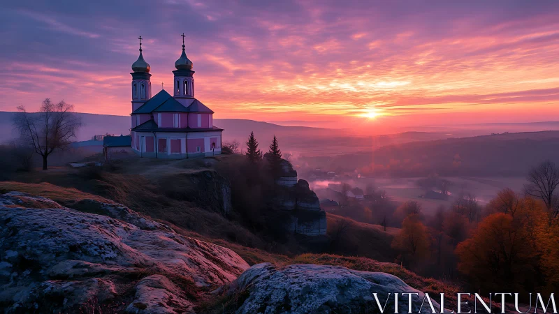 Sunrise calm over hilltop chapel and misty valley glow.