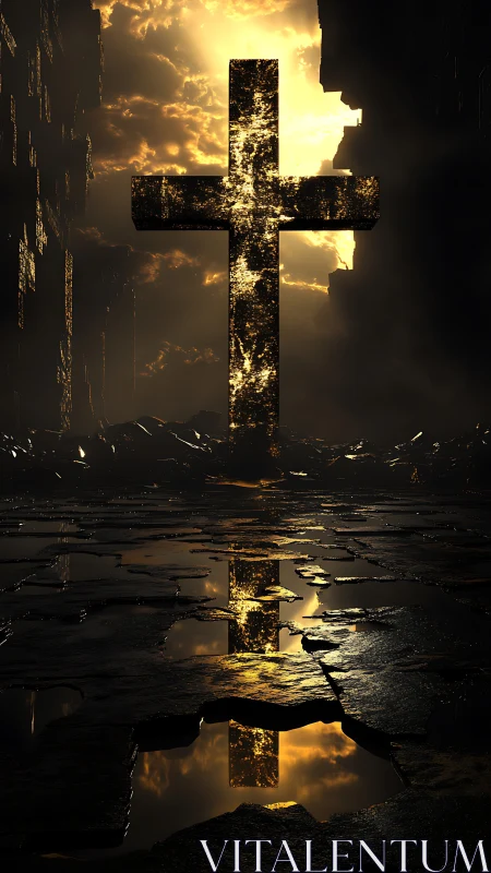 Illuminated cross silhouette amid dark reflective ruins.