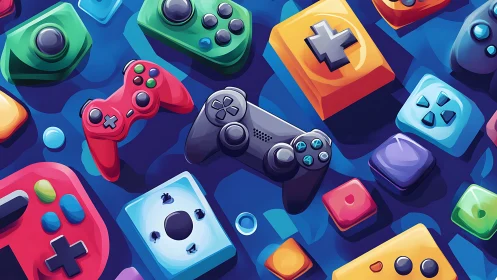 Vibrant gaming controllers float in a playful neon swirl