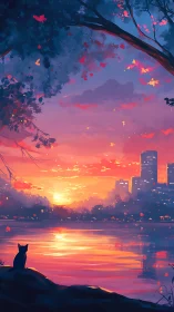 Vibrant sunset cityscape reflected on lake with silhouetted cat