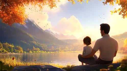 Father and daughter share a tranquil lakeside autumn sunset.
