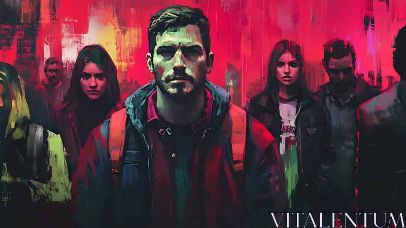 Moody urban crowd with central man in red jacket.