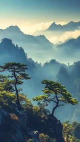 Misty mountain pines welcoming the soft morning light.