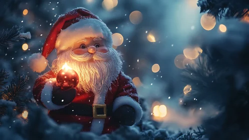 Snow-dusted Santa toy cradles one glowing Christmas bauble