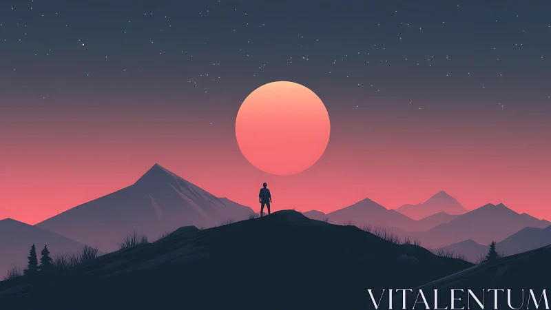 Silhouetted hiker on ridge under oversized sunset moonlit sky