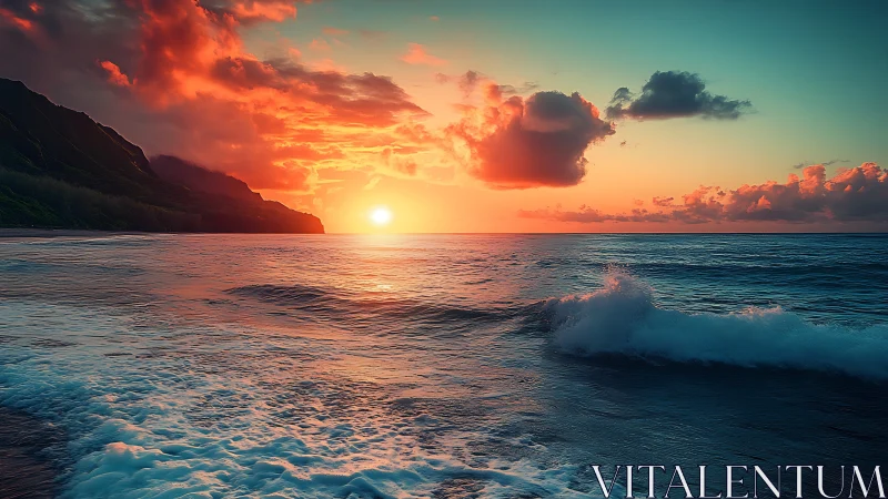 Sunset light intersects coastal waves and distant headland