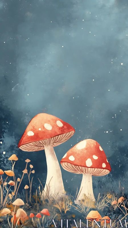 Starry night toadstools in a quiet storybook forest.