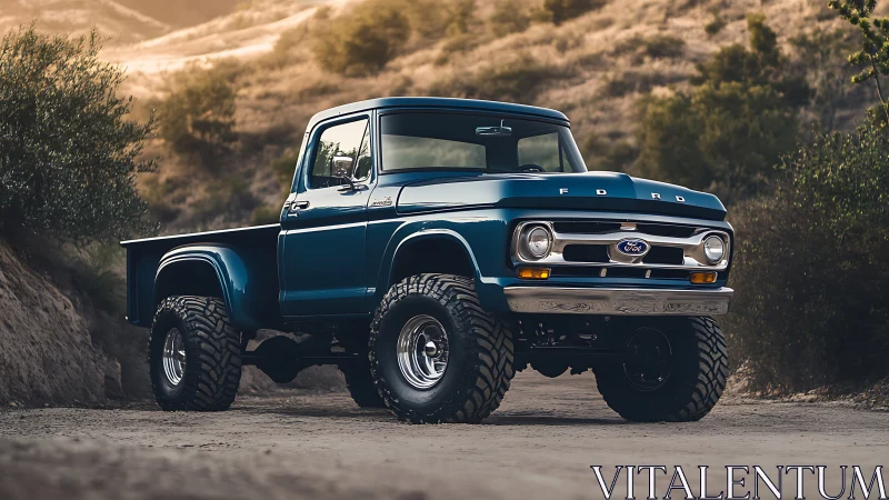 Restored blue Ford pickup truck on rugged dirt trail.