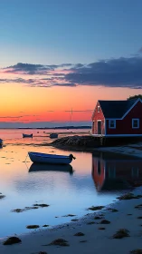 Calm seaside house and moored boats at vivid sunset.