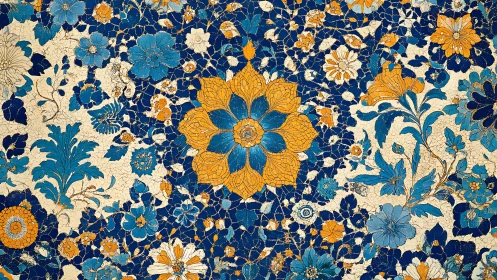 Ornate blue and ochre floral ceramic mosaic with crackled glaze.