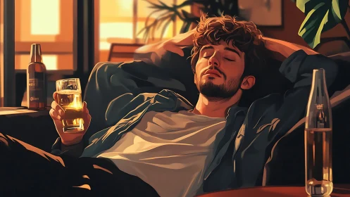 Backlit man reclining with beer glass in warm golden hour interior