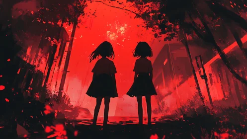 Backlit silhouettes of two girls in a saturated red urban alley
