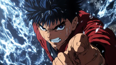 Intense anime fighter punches through crashing water wall.