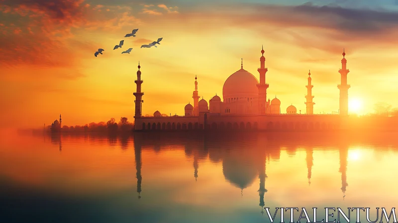 Mosque structure reflects across still water at sunrise