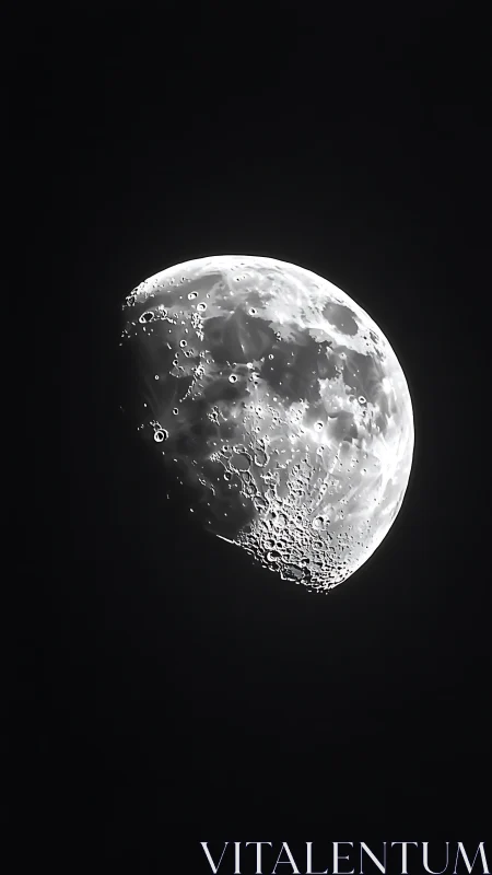 Sharp monochrome close view of cratered half moon.