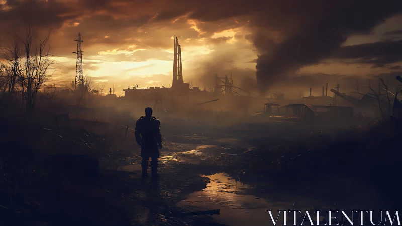 Lone figure walks through industrial post-apocalyptic wasteland