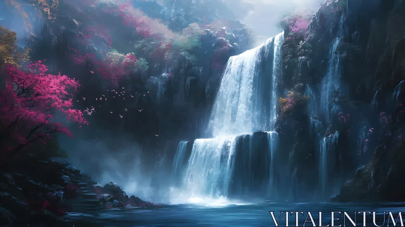 Tiered waterfall descends through mist over rocky forest cliffs