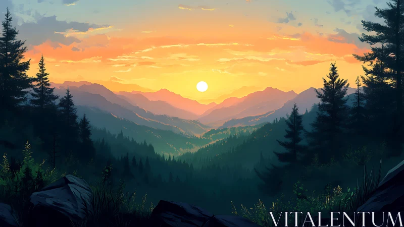 Sunset light cascades across misty evergreen mountainscape.