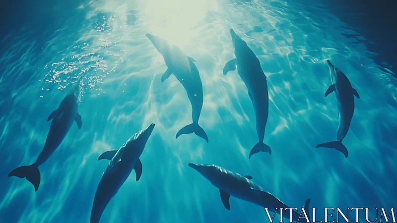 Dolphin pod glides through sunlit turquoise ocean depths.