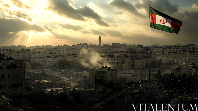 Photorealistic war-torn cityscape with Iranian flag symbolism.