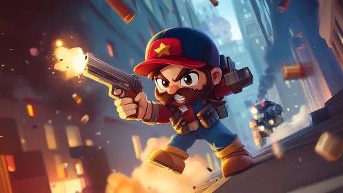 Tiny city hero races through a blazing, bullet-bright alley.