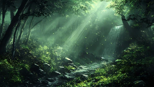 Enchanted Forest Waterfall. Mystical light pierces emerald canopy.