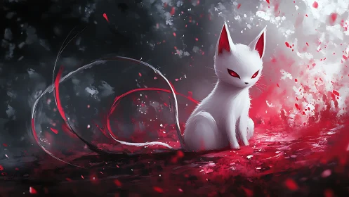 Mystic white fox spirit waits in a crimson storm of petals