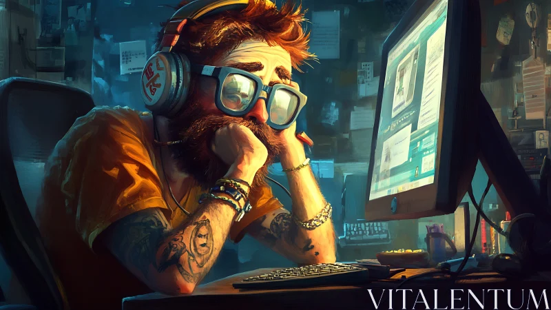 Bearded computer user in cluttered digital workspace at night.