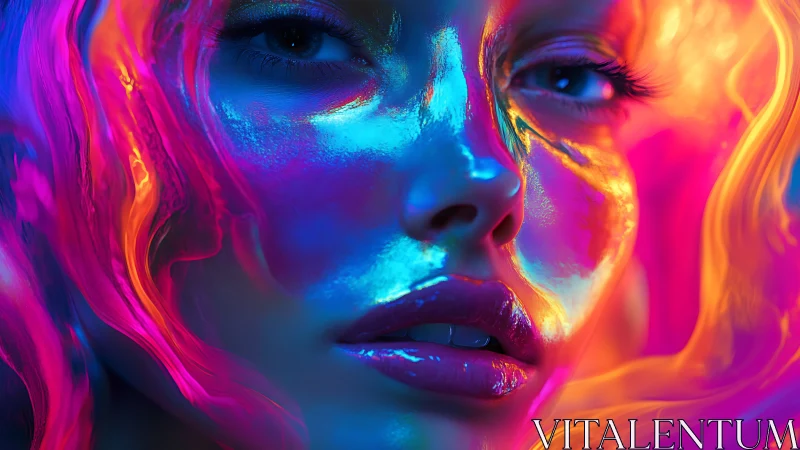 Neon lit female portrait with glowing fluid colors.