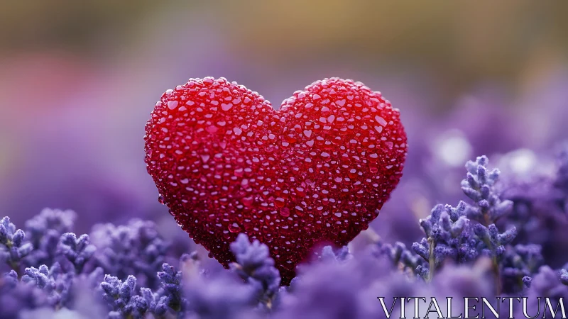 Red heart shape covered in water droplets amid lavender blooms.