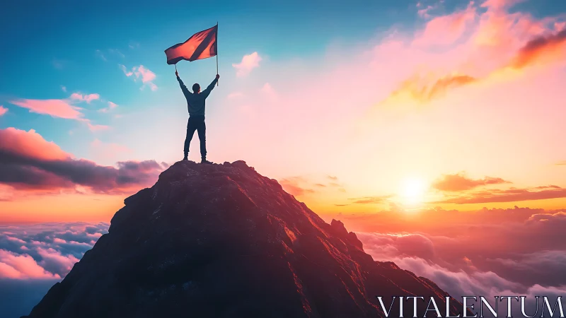 Silhouette with flag on rocky summit at colorful sunrise.