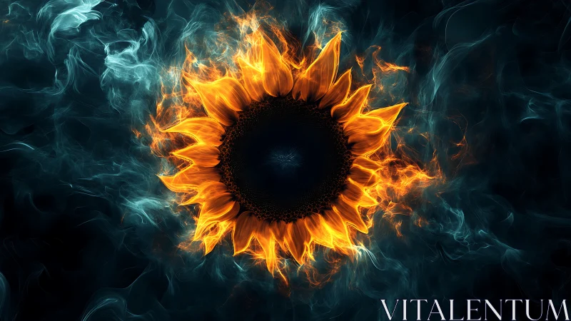 Fiery Sunflower Engulfed in Ethereal Flames and Smoke