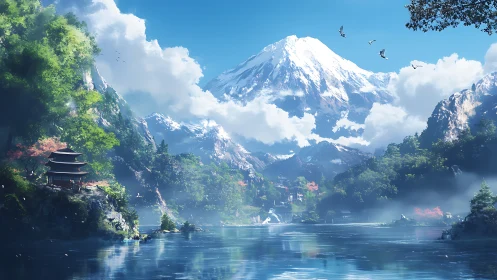 Peaceful mountain lake and hidden pagoda in morning light.