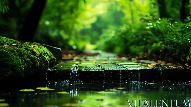 Shallow depth captures mossy stone channel with micro waterfalls