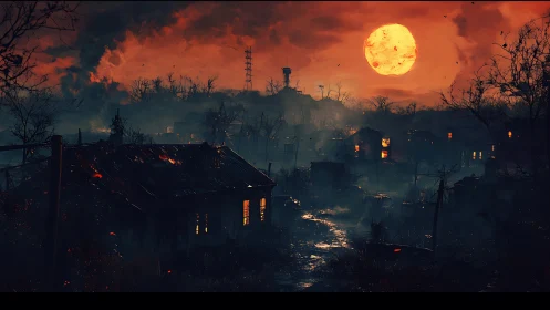 Bloodred harvest moon over ember-drowned ghost village.