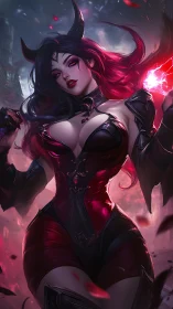 Horned female figure in red-black armor holds glowing energy